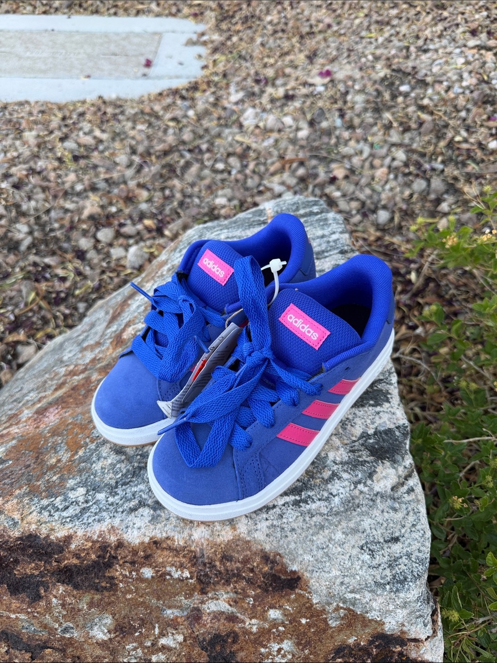 adidas Kids Blue Sneakers with Pink Stripes